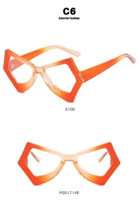Multiple views of gradient orange butterfly-shaped geometric eyeglass frames for women