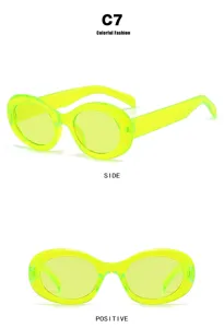 Front- und Seitenansicht der neongelben Retro-Oval-Sonnenbrille mit halbtransparentem Rahmen