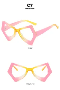 Detailed side and front views of pink and yellow gradient butterfly eyewear frame