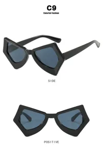 Detailed views of vintage irregular butterfly-shaped black frames with dark lenses.