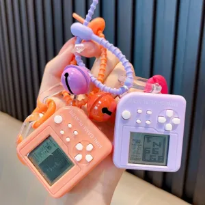 Mini Handheld Game Console Keychain Retro Square Electronic Game Player With Bell Lanyard For Kids Schoolbag Pendant Accessories