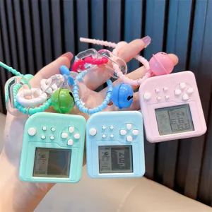 Handheld mini square Tetris game machine keychain pendant in pastel colors for children.