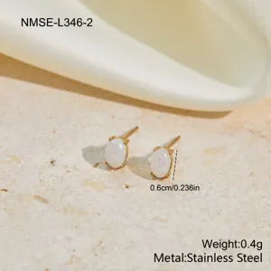 Close-up of stainless steel oval opal stud earrings with 0.6cm size and weight specs