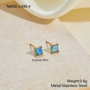 Detailed macro view of blue square zircon stud earrings with size and weight specifications