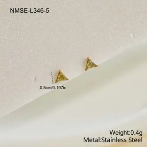 Detailed view of 0.5cm triangular yellow zircon stud earrings in stainless steel gold