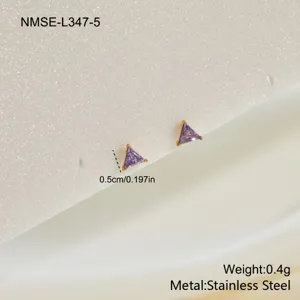 Close-up of minimalist triangle purple zircon stud earrings in gold stainless steel
