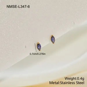 Close-up of stainless steel marquise purple zircon stud earrings with size and weight specs