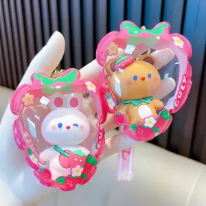 Strawberry Inflatable Bag Keychain With 3D Rabbit Bear Cartoon Character PVC Acrylic Keyring For School Bag Women Gift