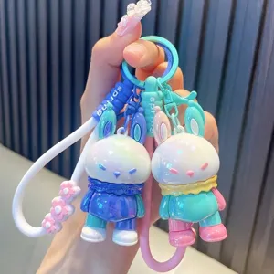 Cute Dopamine Color Block Rabbit Keychain For Car Bag Pendant Electroplated PVC Cartoon Doll Keychain Gift For Women Men