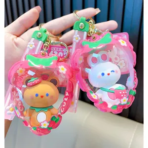 Cute strawberry inflatable PVC keychain with white rabbit and cartoon bear dolls