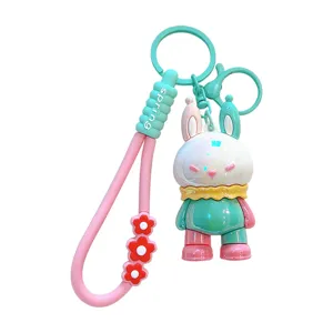 Colorful dopamine-style rabbit keychain with silicone strap and floral charms