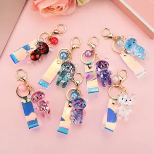 Floating Glitter Acrylic Bear Keychain Holographic Laser Strap Cute Animal Liquid Filled Bag Pendant Keychain For Women Kids Gift