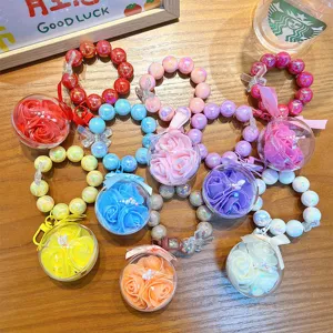 Colorful beaded flower keychain with preserved rose ball charm for backpack and car keys