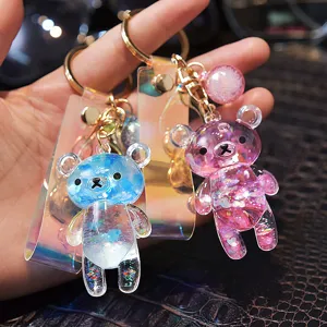 Cute creative acrylic liquid glitter bear keychain with colorful holographic laser strap