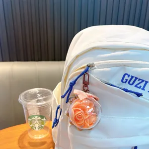 Cute orange rose preserved flower keychain pendant for backpack and car keys charm
