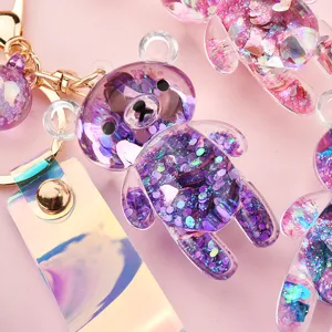 Creative acrylic bear keychain with liquid glitter and holographic laser strap for bags