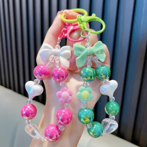 Acrylic Colorful Beaded Keychain Cute Bowknot Heart Flower Pendant Bag Charm Kawaii Girl Key Ring Gift Jewelry Accessory