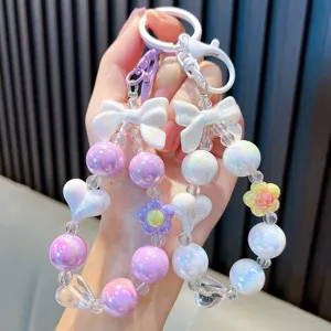 Creative acrylic colorful beaded keychain with bow and heart charms for bags