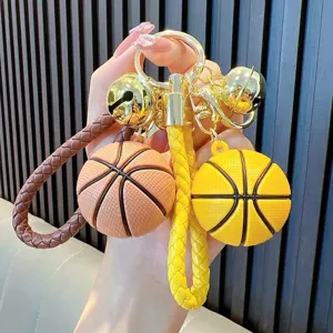 Portachiavi Sport Pallacanestro PVC Morbido Mini Ciondolo Pallacanestro Simulato Con Cinturino Intrecciato Campanellino Oro Pendente per Zaino Auto