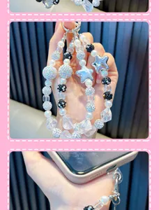 Detail of handmade beaded phone strap with silver stars and rhinestone crystals
