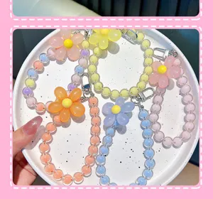 Bunte Perlen Handykette Schlüsselanhänger mit Blumen Anhänger, süßes Armband für Handys.