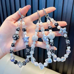 Star Crystal Keychain Pendant Rhinestone Beaded Phone Lanyard Acrylic Artificial Pearl Car Key Chain Gift For Women Jewelry