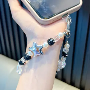 Elegant beaded phone strap with silver star charm, white pearls and rhinestone crystals.