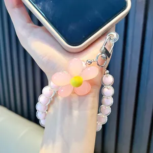 Schicke rosa Perlen Handykette mit süßem Harz Blumen Anhänger, modisches Handgelenk Lanyard.