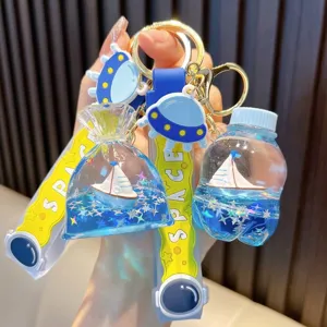 Kreativer Flüssiger Treibsand Drift Flasche Schlüsselanhänger Acryl Sich Bewegendes Ozean Segelboot Schlüsselring Astronaut Weltraum Armband Tasche Anhänger Geschenk