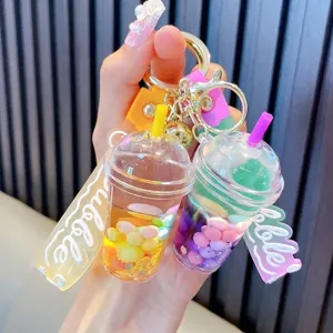 Simpatico Portachiavi a Forma di Tazza di Tè al Latte in Sabbie Mobili Liquide Acriliche Con Gelatine Colorate Campanello Ciondolo Auto Borsa