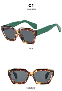 Detailed views showing side and front of tortoiseshell sunglasses with green temples