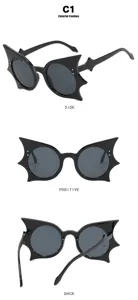 Macro view of bat-shaped Halloween sunglasses from side, front, and back angles