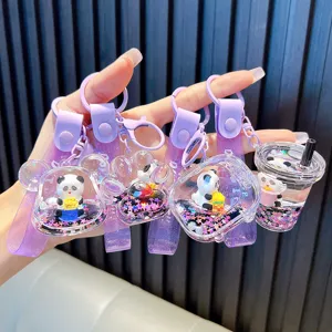 Cute cartoon panda liquid quicksand keychain set with purple straps for bags