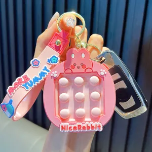 Cute pink cartoon rabbit pop-it fidget toy keychain for backpacks and car key accessories