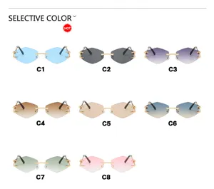 Detailed view of rimless polygon sunglasses with unique claw temples in eight trendy colors