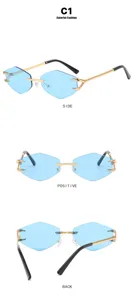 Detailed multi-angle view of rimless claw-designed polygonal sunglasses with blue lenses.