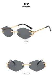 Detailed side and front view of polygon rimless sunglasses with golden claw hinges