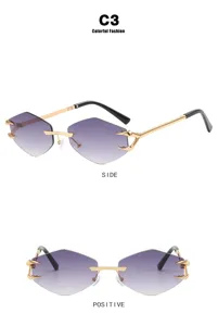 Geometric rimless sunglasses with purple gradient lenses and gold claw temples.