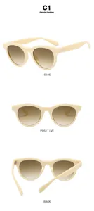 Vista desde tres ángulos de gafas de sol retro ojo de gato con montura crema