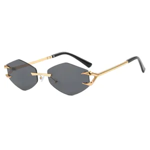 Unique rimless polygon sunglasses featuring gold claw hinge and dark grey tinted lenses