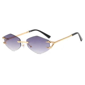 Stylish rimless polygon sunglasses featuring unique claw hinges and purple gradient lenses