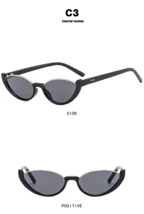 Gedetailleerde zij- en vooraanzichten van deze vintage hip-hop cat-eye zonnebrillen