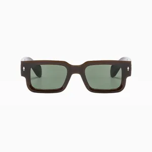 Vista frontal de gafas de sol cuadradas vintage con montura marrón oscuro y lentes verdes