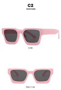 Affichage détaillé de lunettes de soleil carrées roses montrant divers angles de vue