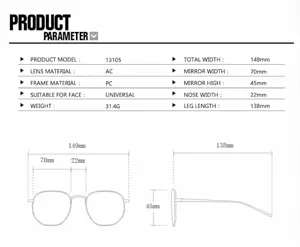 Tabla de tallas detallada y especificaciones para gafas de sol rectangulares