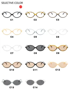 Detailed chart showing 14 color variations of retro oval frames for prescription glasses