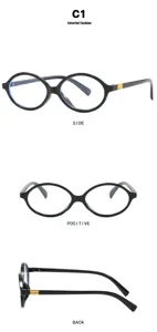 Detailed multi-angle views showing the side, front, and back of black retro oval glasses.