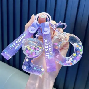 Purple Liquid Quicksand Letter LOVE Keychain Acrylic Sequins Flower Star Bag Pendant With Strap For Women Students Gift