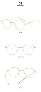 Multi-angle views of round gold metal frame sunglasses in a minimalist fashion style
