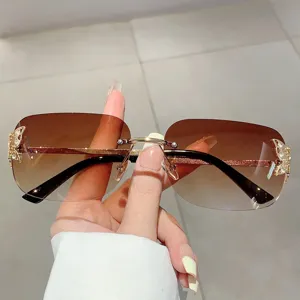 Women's Rimless Square Butterfly Sunglasses Retro Y2K Metal Rhinestone Fashion Sun Glasses UV400 Gradient Lenses Luxury Eyewear